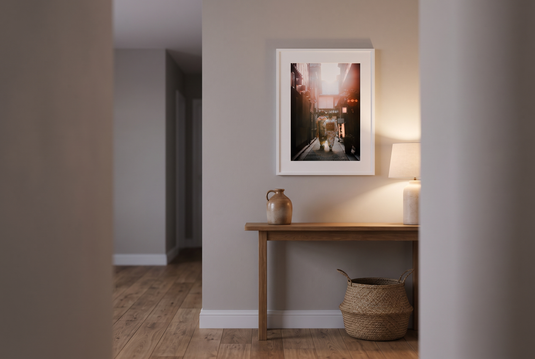 Kyoto fine art print framed above a hallway console at dusk