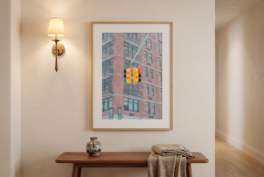 New York fine art print framed on a gallery-style hallway wall