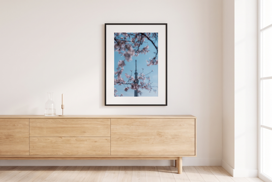 Tokyo Skytree print framed and centred in a bright modern living room