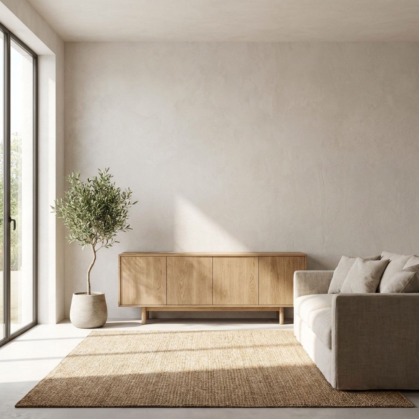 A print shown above a 150cm oak sideboard in a sunlit living room